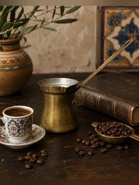 Vtg Brass Turkish Coffee Pot Cezve 4 Tin Lined long handle espresso coffeemaker